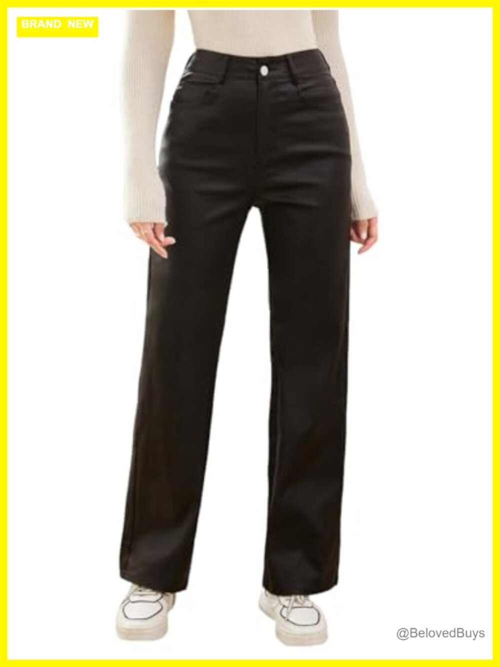 Women's Faux Leather High Waist Straight Leg Pants with Pockets